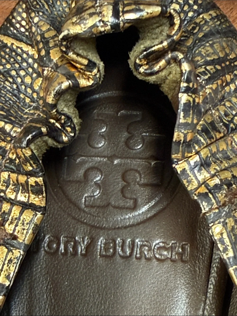 Tory Burch Reva Ballet Flats Gold Black Lizard Embossed Leather Size‎ 7.5